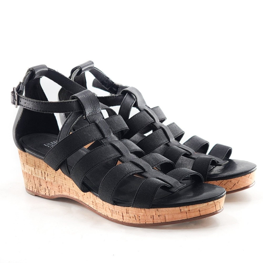 EILEEN‎ FISHER NWOB Black Strappy Gladiator Cork Wedge Sandals Size 9